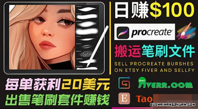 搬运出售Procreate笔刷文件赚钱，每单20美元，轻松日赚100美元