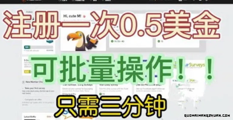 国外项目注册一次0.5美金，只需三分钟无脑操作，可批量同时放大操作，小白工作室福利【揭秘】