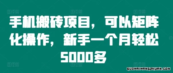 【新手福利】手机搬砖项目揭秘：矩阵化操作，月入5000+，轻松上手！