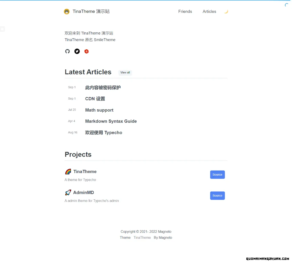Typecho 仿Hugo简约单栏主题 TinaTheme【支持夜间模式】