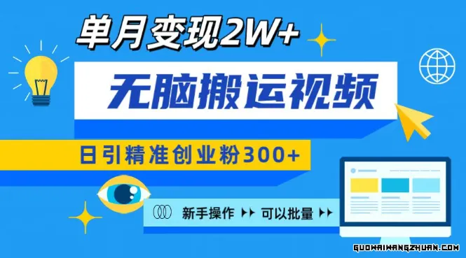 无脑搬运视频号可批量复制，新手即可操作，日引精准创业粉300+，月变现过W