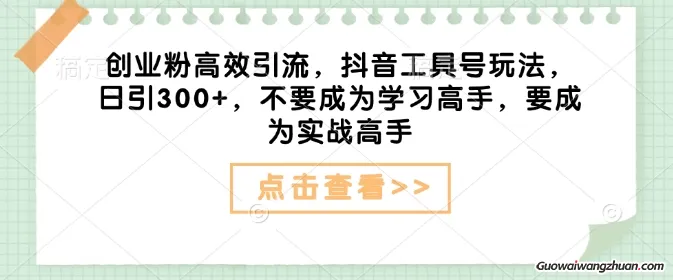 创业粉高效引流，抖音工具号玩法，日引300+，不要成为学习高手，要成为实战高手